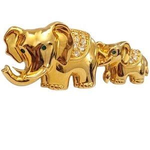 Swarovski Gold Tone Clear Rhinestone Mother And Baby Elephant Brooch Pin (JB001)